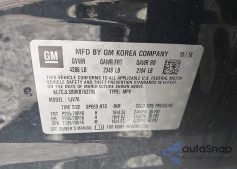 2019 Chevrolet Trax Lt z USA, uszkodzony, nr VIN KL7CJLSB0KB763795